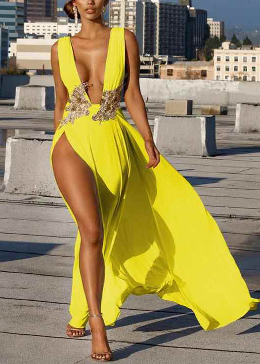 Beautiful Yellow Deep-V Neck Side Open Party Dresses Summer