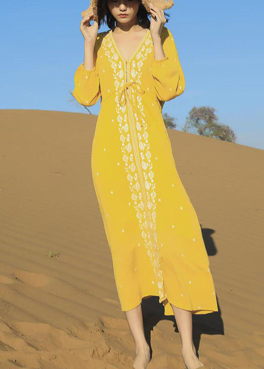 Beautiful Yellow Embroidered Lace Up Cotton Long Dresses Bracelet Sleeve