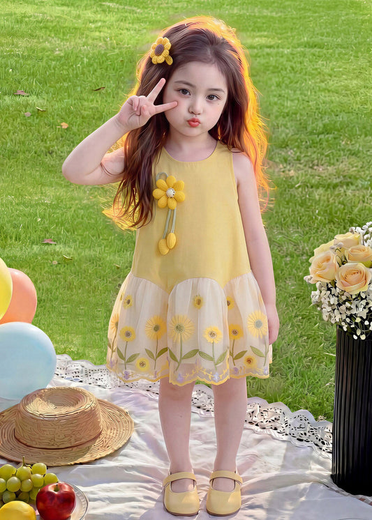 Beautiful Yellow O-Neck Tulle Patchwork Sunflower Kids Long Dress Summer