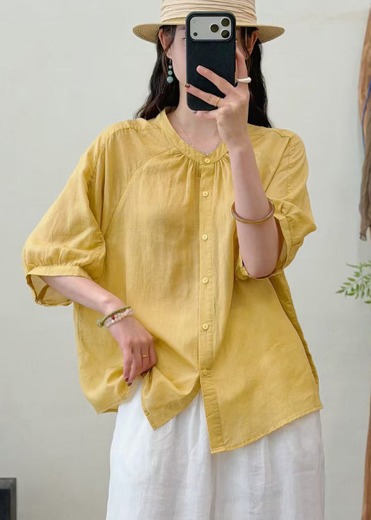 Beautiful Yellow O-Neck Wrinkled Linen Blouse Top Summer