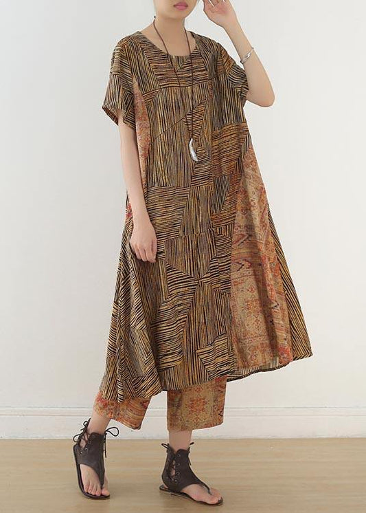 Beautiful Yellow Print Patchwork Summer Linen Two Pieces Set - SooLinen