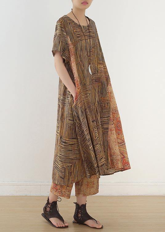 Beautiful Yellow Print Patchwork Summer Linen Two Pieces Set - SooLinen
