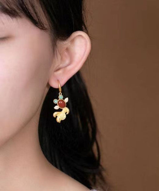 Wunderschöne gelbe Sterling Silber Overgild Achat Zirkon Türkis Goldfisch Tropfen Ohrringe