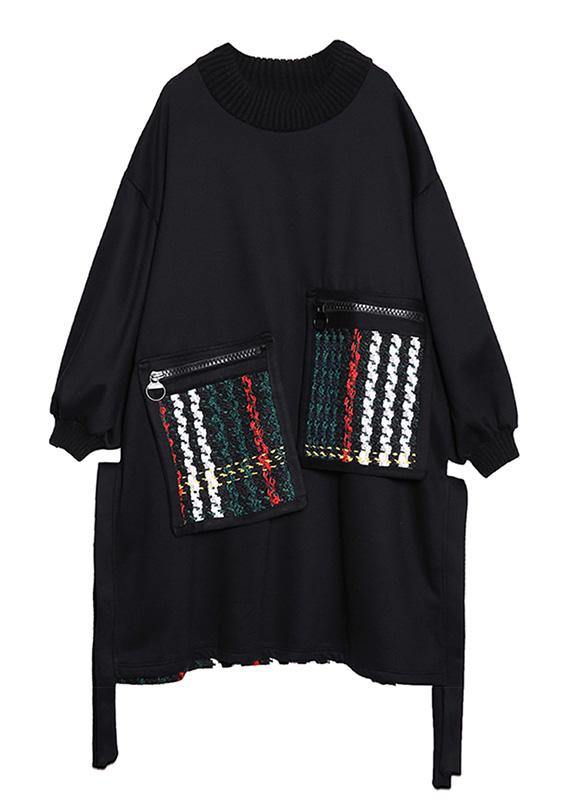 Beautiful Black Cotton Clothes Women Patchwork Oversized Side Open Dress - SooLinen