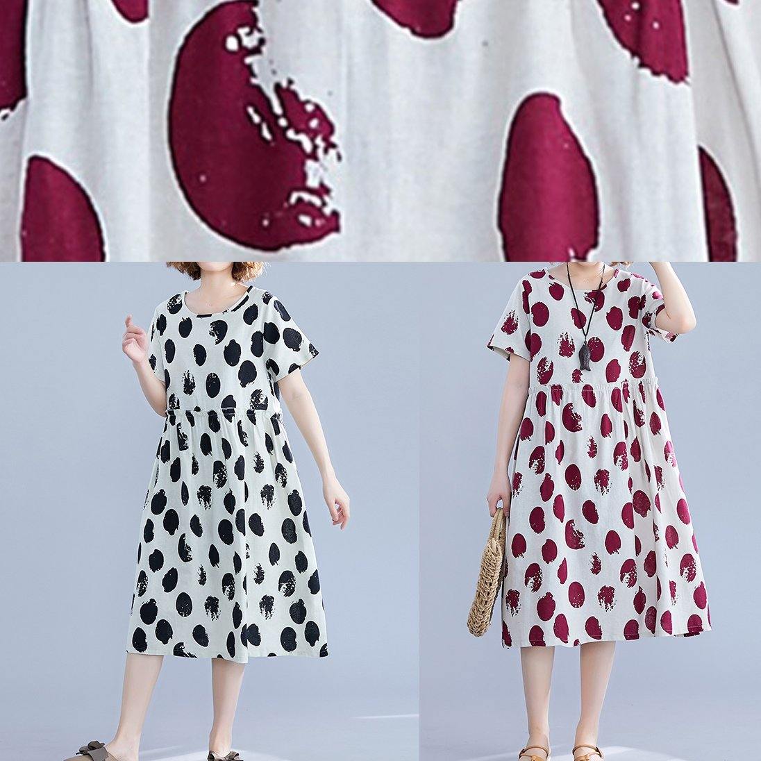 Beautiful black dotted Cotton tunic pattern o neck short sleeve shift Dresses - SooLinen