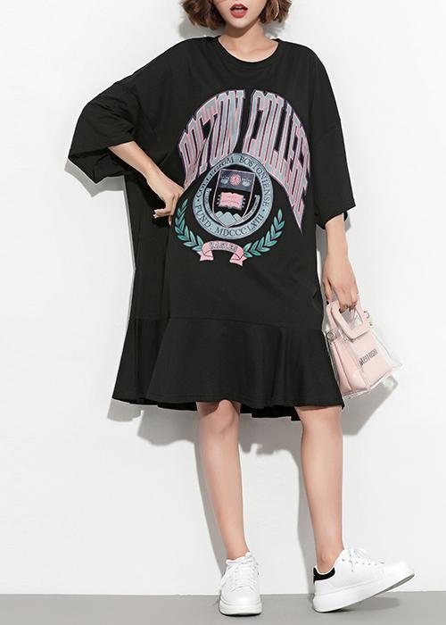 Wunderschöne schwarze Leinentunika mit Druck, Vintage-Form, O-Ausschnitt, kurzes Frühlingskleid