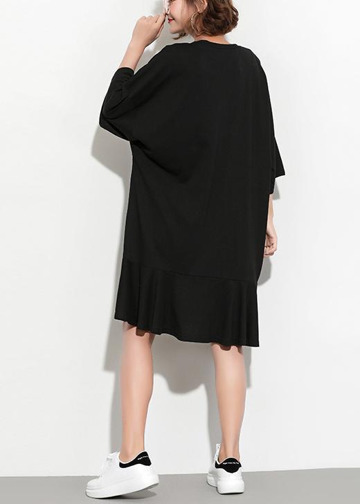 Wunderschöne schwarze Leinentunika mit Druck, Vintage-Form, O-Ausschnitt, kurzes Frühlingskleid