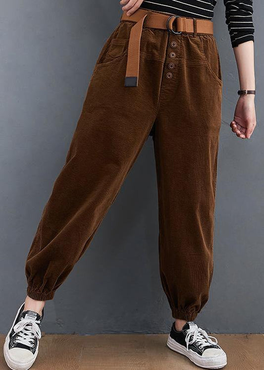 Beautiful casual pants unique chocolate Sewing pockets thick pants - SooLinen