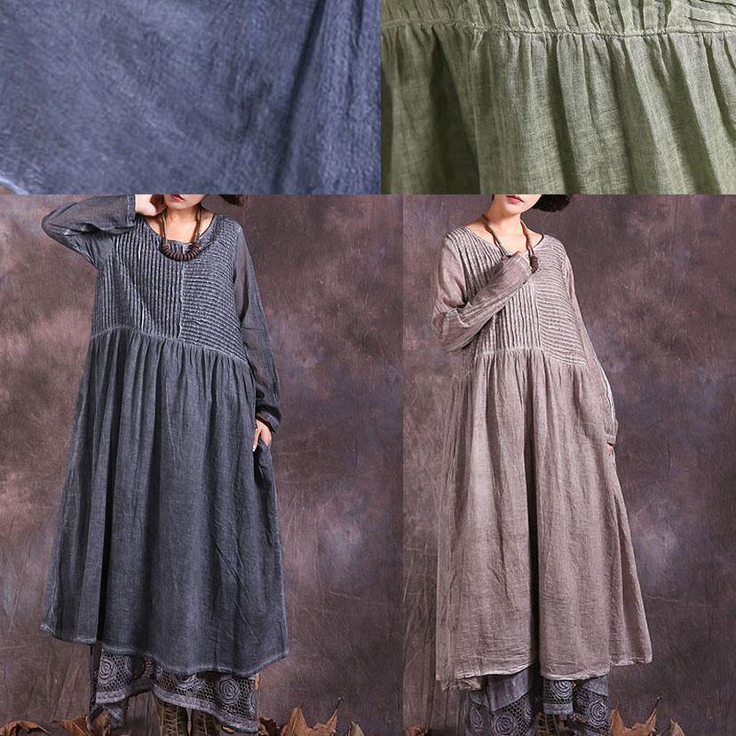 Beautiful gray long sleeve linen cotton clothes For Women Cinched long summer Dresses - SooLinen
