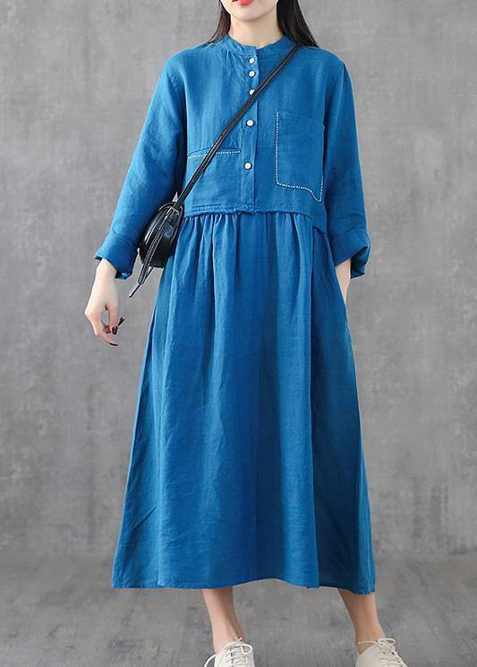 Beautiful green linen clothes For Women o neck patchwork Maxi spring Dresses - SooLinen