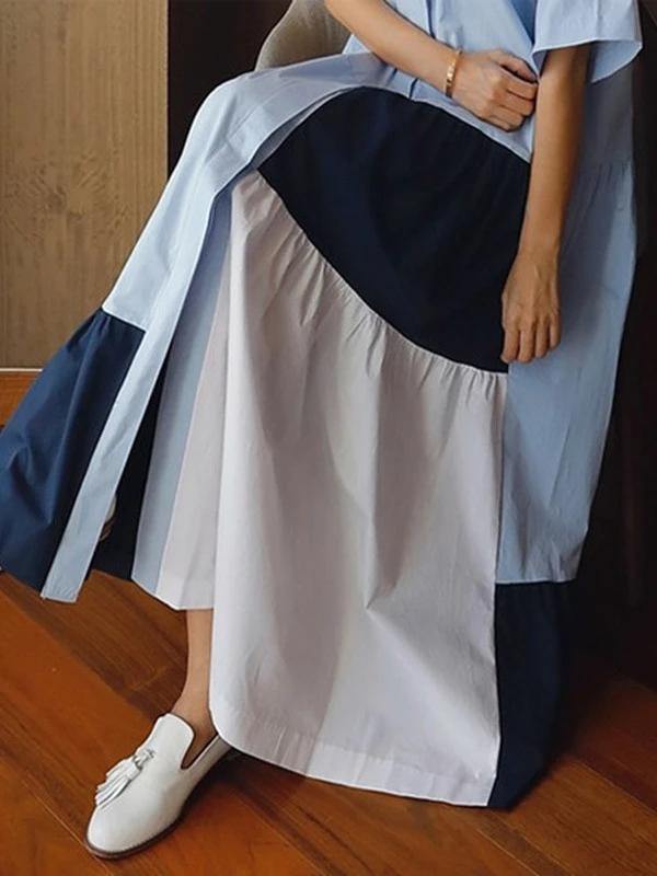 Beautiful lapel patchwork cotton clothes Runway blue Dresses - SooLinen