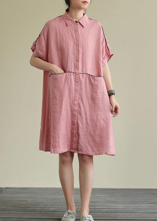 Beautiful lapel pockets linen summer dresses Runway pink Dress - SooLinen