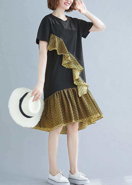 Beautiful o neck Ruffles Cotton summer clothes For Women black Dresses - SooLinen