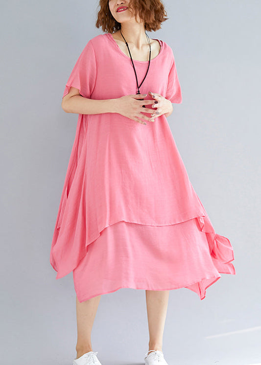 Wunderschönes asymmetrisches Leinenkleid mit Rundhalsausschnitt, Bio-Ausschnitt, rosa, Oversize-Kleid, Sommer