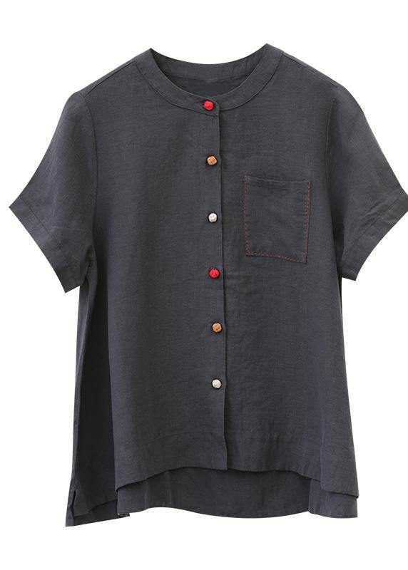 Beautiful o neck asymmetric linen summer tops silhouette Tutorials navy shirt - SooLinen