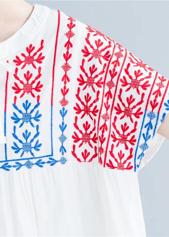 Beautiful o neck embroidery cotton linen tops silhouette white Midi tops summer - SooLinen