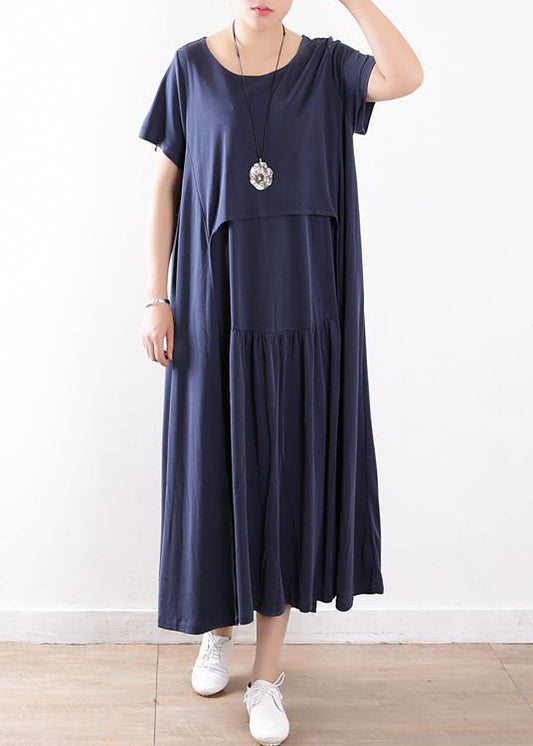 Beautiful patchwork exra large hem silk clothes Fitted Neckline dull blue Maxi Dresses Summer - SooLinen