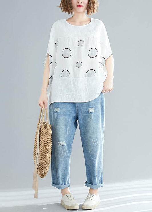 Beautiful white dotted cotton linen tops women plus size design o neck Batwing Sleeve short Summer tops - SooLinen