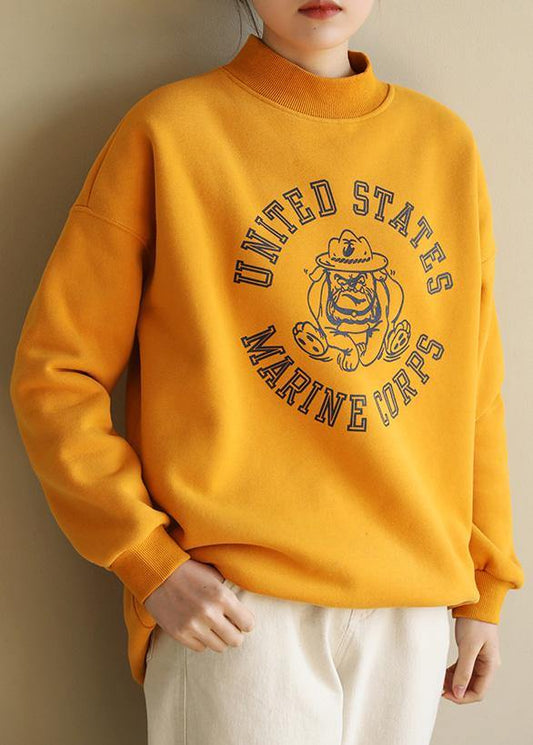 Beautiful yellow cotton tunics for women half high neck oversized prints Sweatshirt - SooLinen