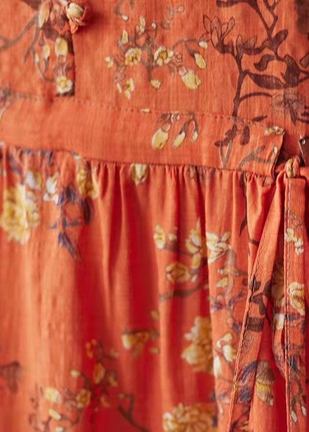 Schönes orangefarbenes Kleid mit O-Ausschnitt und Taschendruck