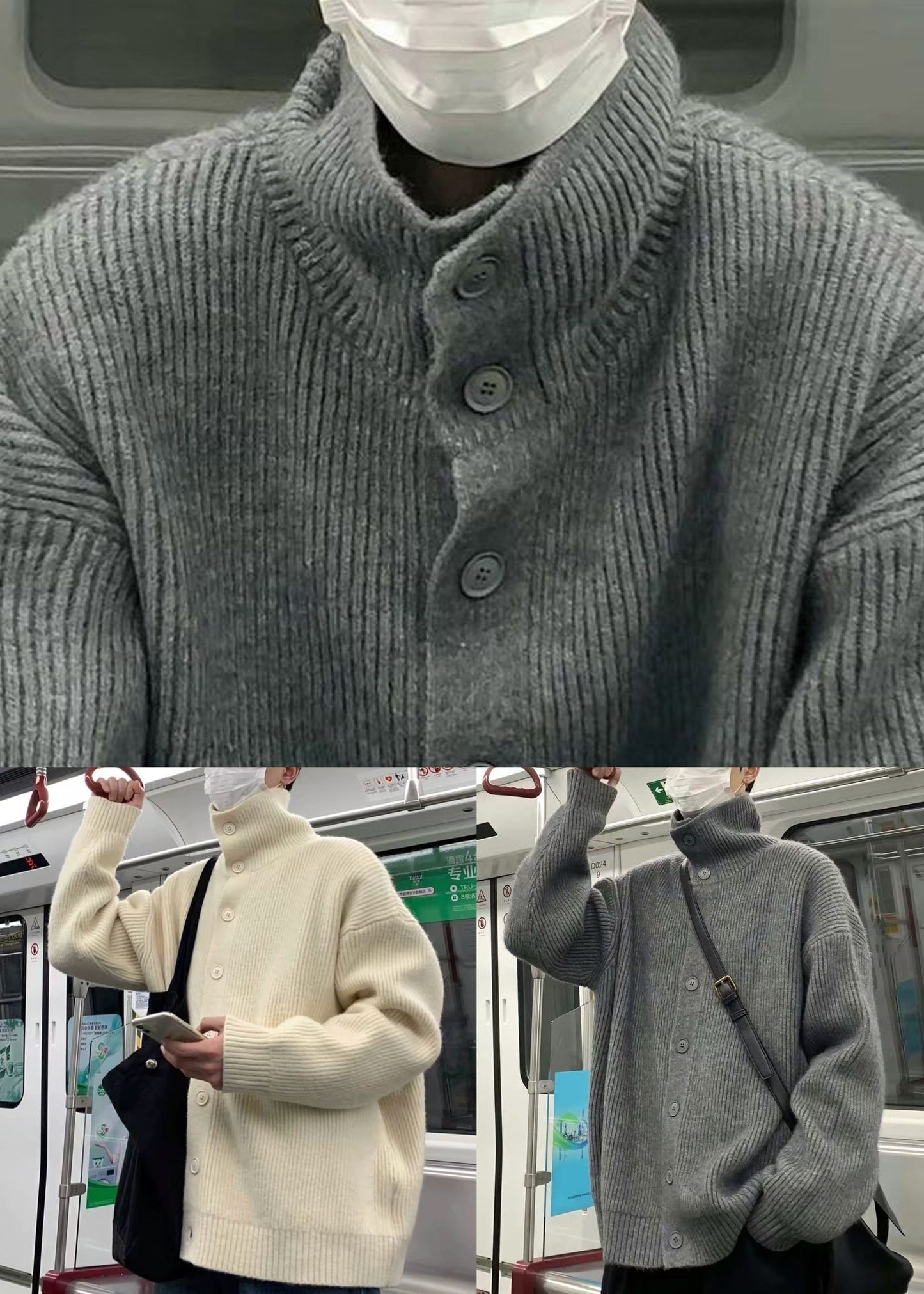 Beige Button Cozy Knit Mens Coats Casual Clothing Turtleneck