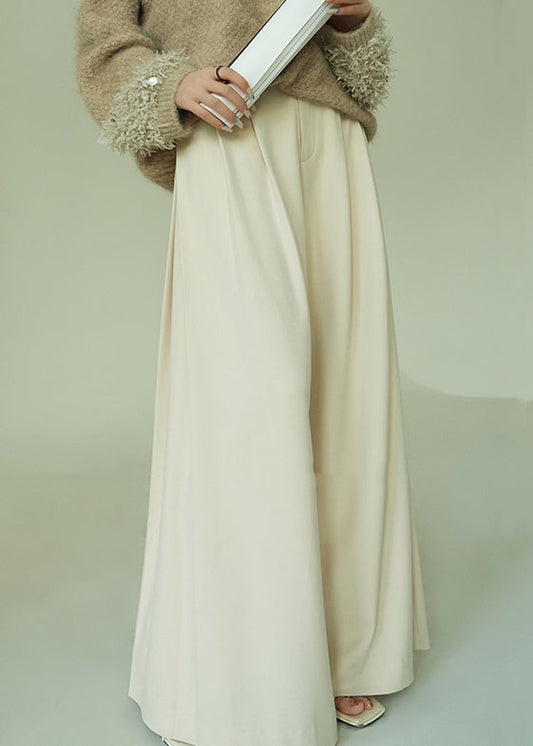 Beige Button Pockets Spandex Wide Leg Pants High Waist