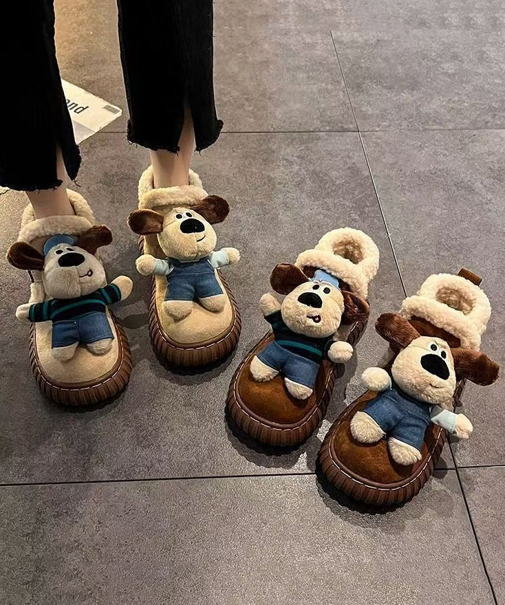 Beige Plateau-Stiefel mit Cartoon-Hunden-Motiv, flauschig gefüttert