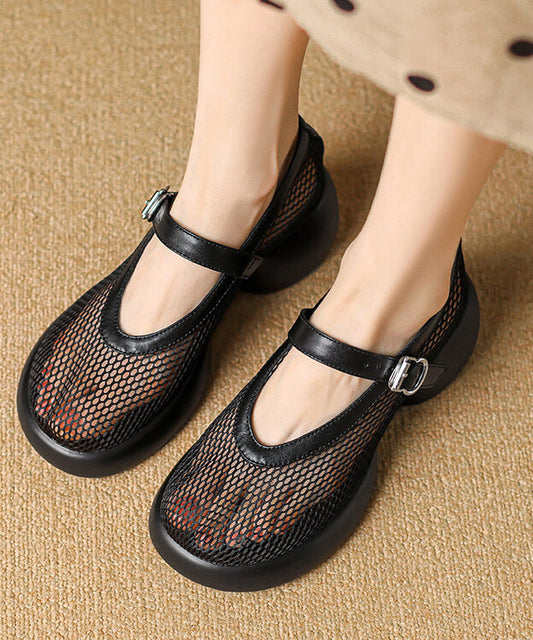 Beige Cowhide Leather Breathable Mesh Buckle Strap Splicing Chunky Heel Sandals