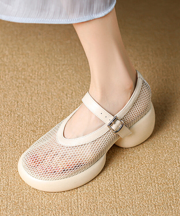 Beige Cowhide Leather Breathable Mesh Buckle Strap Splicing Chunky Heel Sandals