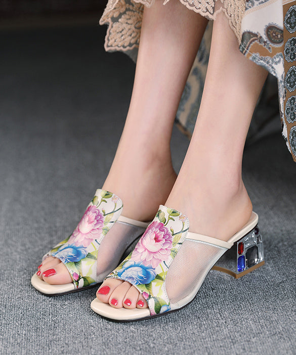 Beige Cowhide Leather Tulle Splicing Slide Sandals Peep Toe
