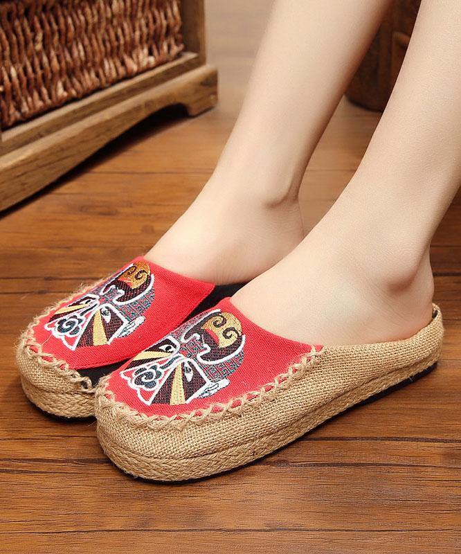 Beige Embroideried Linen Fabric Slippers Shoes Splicing - SooLinen