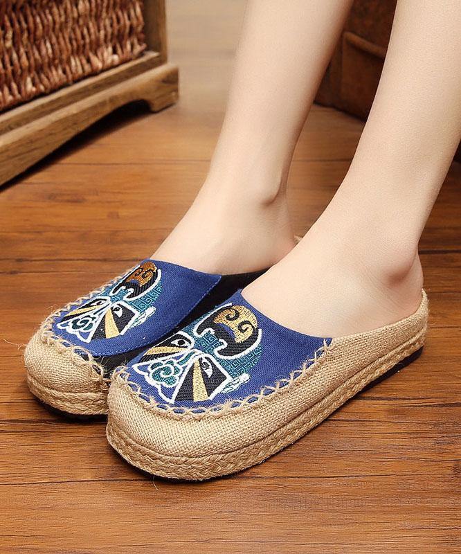 Beige Embroideried Linen Fabric Slippers Shoes Splicing - SooLinen
