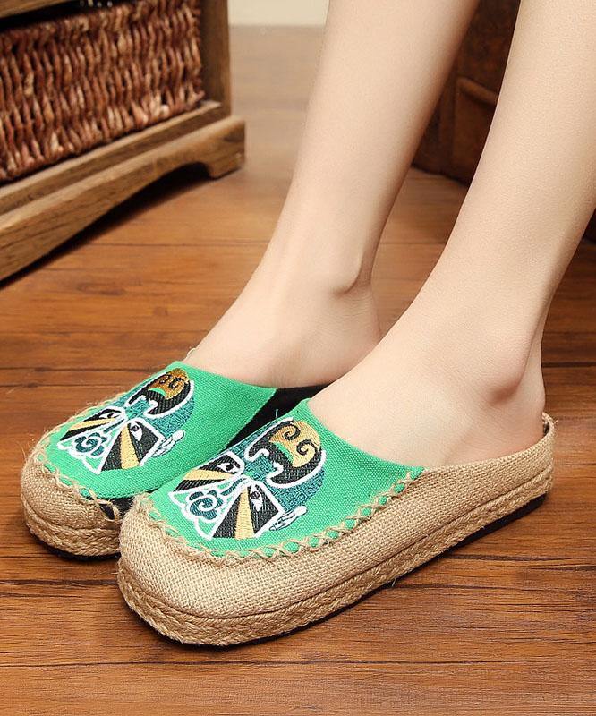 Beige Embroideried Linen Fabric Slippers Shoes Splicing - SooLinen