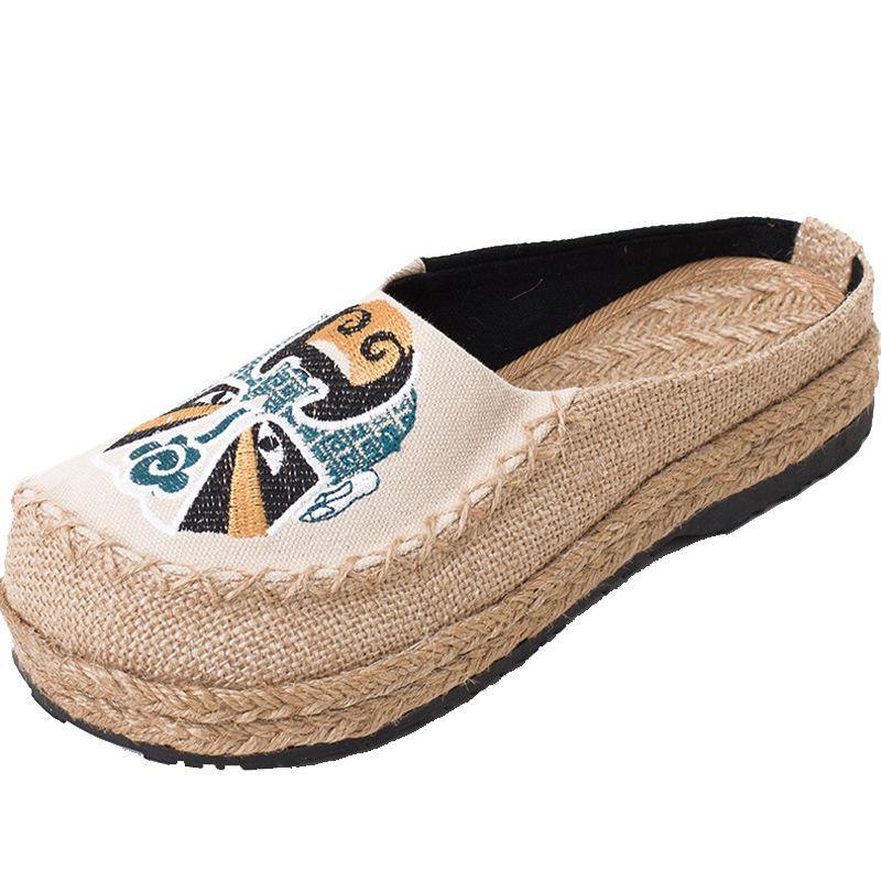 Beige Embroideried Linen Fabric Slippers Shoes Splicing - SooLinen