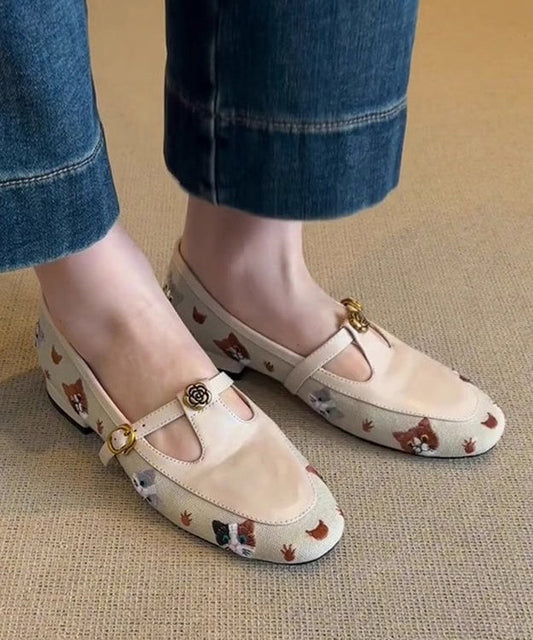 Beige Faux Leather Flat Shoes Hollow Out Embroidered