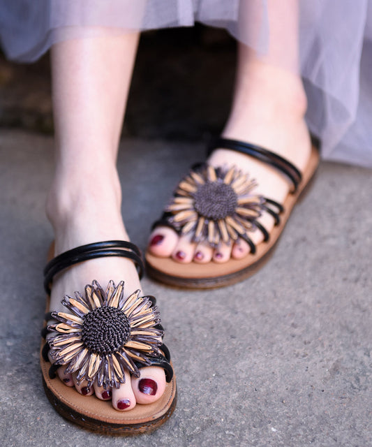 Beige Faux Leather Women Floral Splicing Slide Sandals