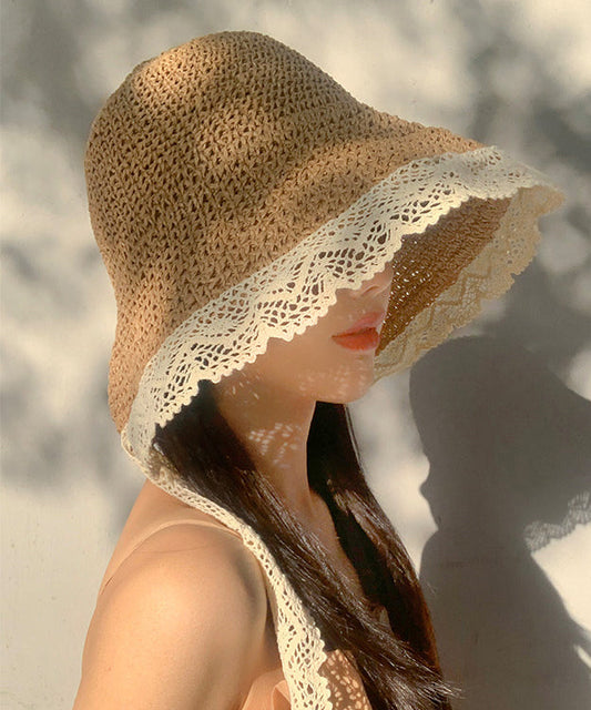 Beige Large Brimmed Lace Straw Woven Sun Hat Women Summer