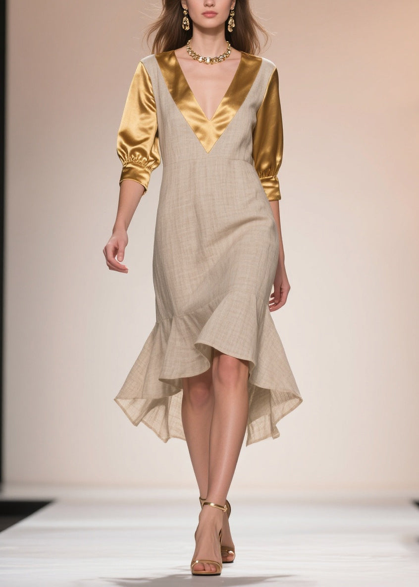 Beige Patchwork Linen Silk Fake Two Piece Dress Ruffles Summer