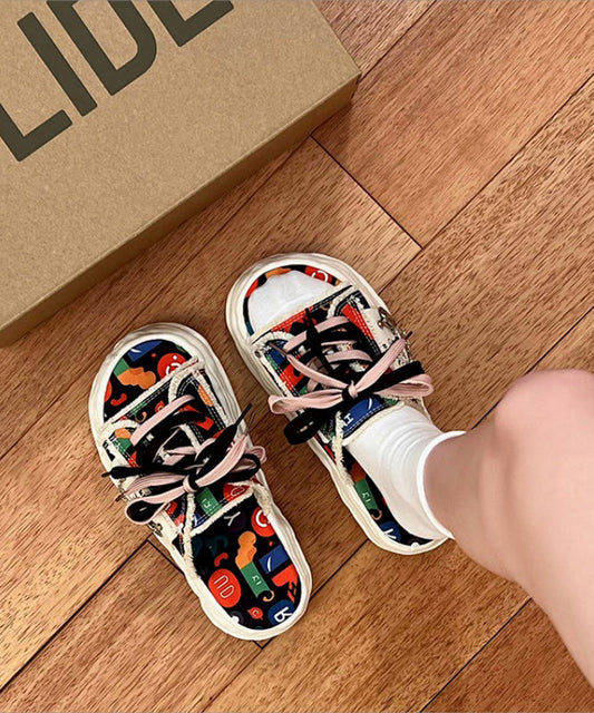 Beige Plateau-Sandalen aus Canvas mit Schnürung und Spleiß