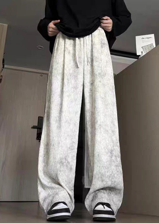 Beige Pockets Lace Up Cotton Men Wide Leg Pants Tie Dye