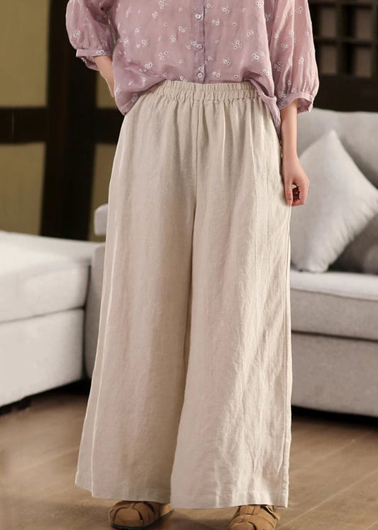 Beige Pockets Loose Linen Wide Leg Pants Elastic Waist Summer