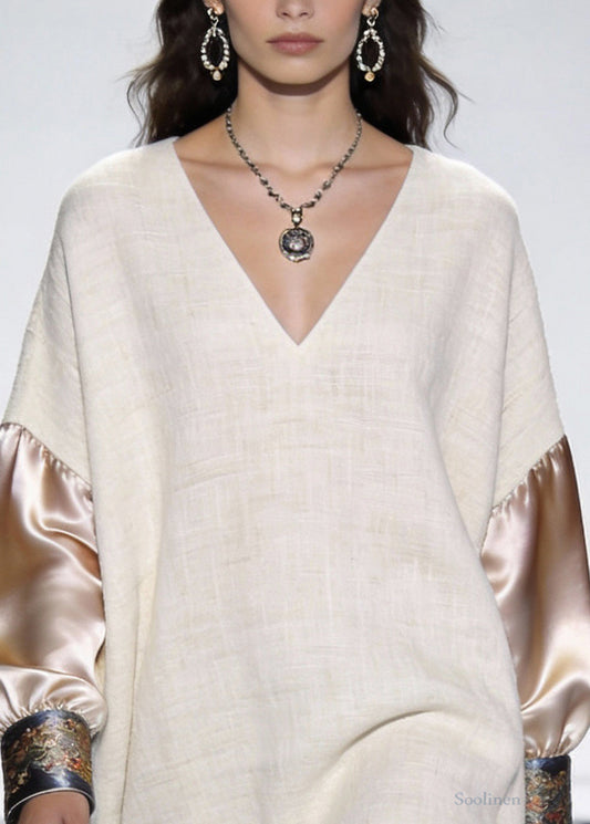 Beige Print Silk Patchwork Linen Mini Dress V Neck Spring