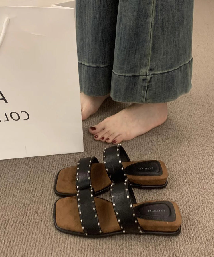 Beige Rivet Splicing Wedge Slide Sandals Peep Toe