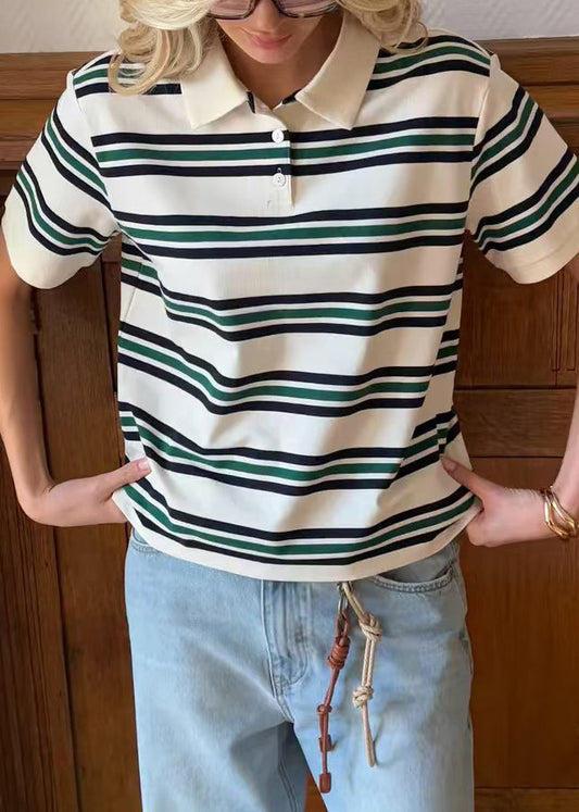 Beige Striped Button Cotton Summer T Shirt Peter Pan Collar