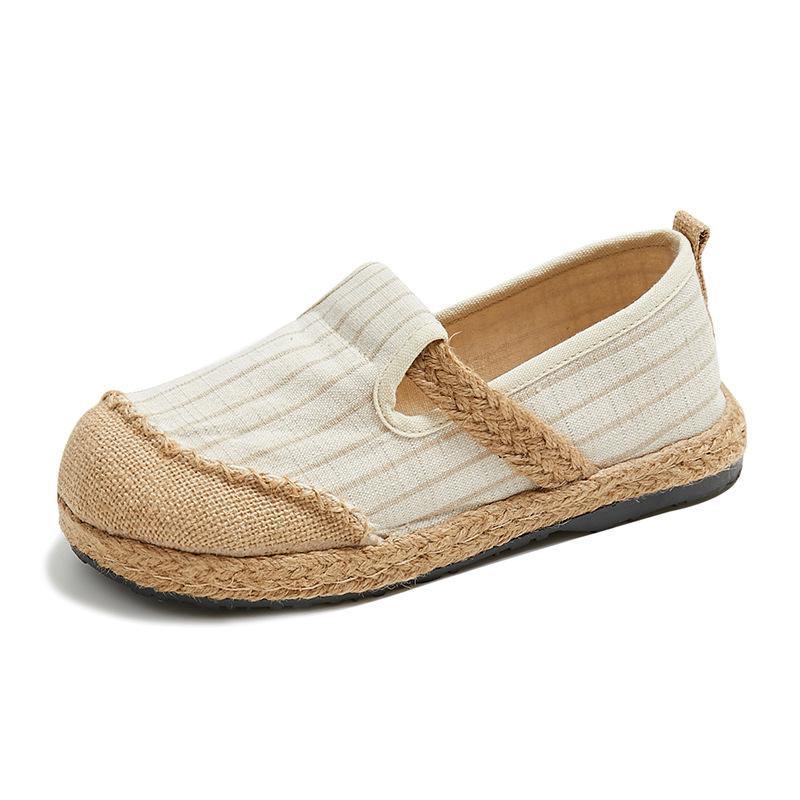Beige Striped Cotton Linen Flat Flat Shoes For Women - SooLinen