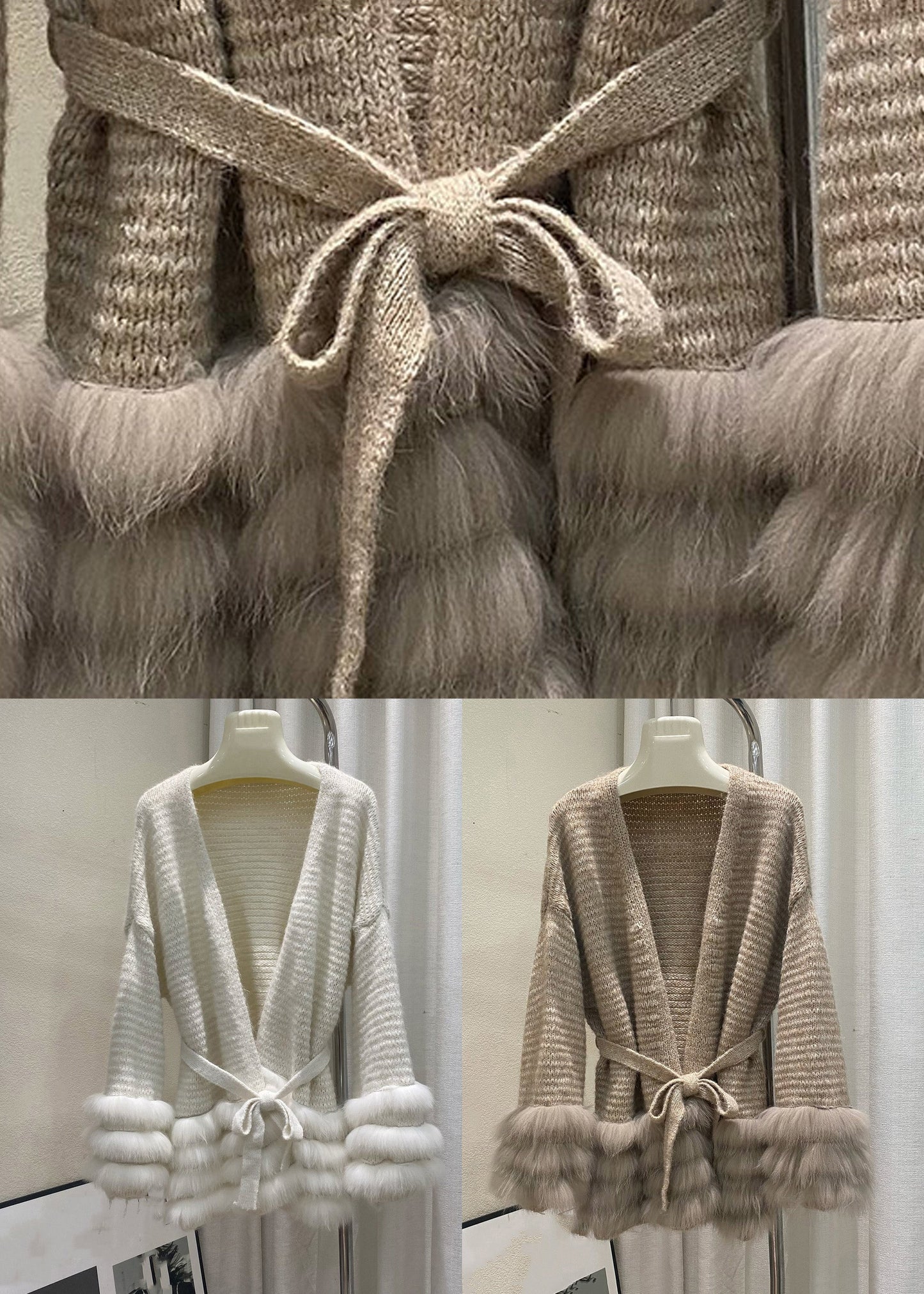 Beigefarbene Strickjacke aus Baumwolle mit Bindegürtel und ausgestellten Ärmeln