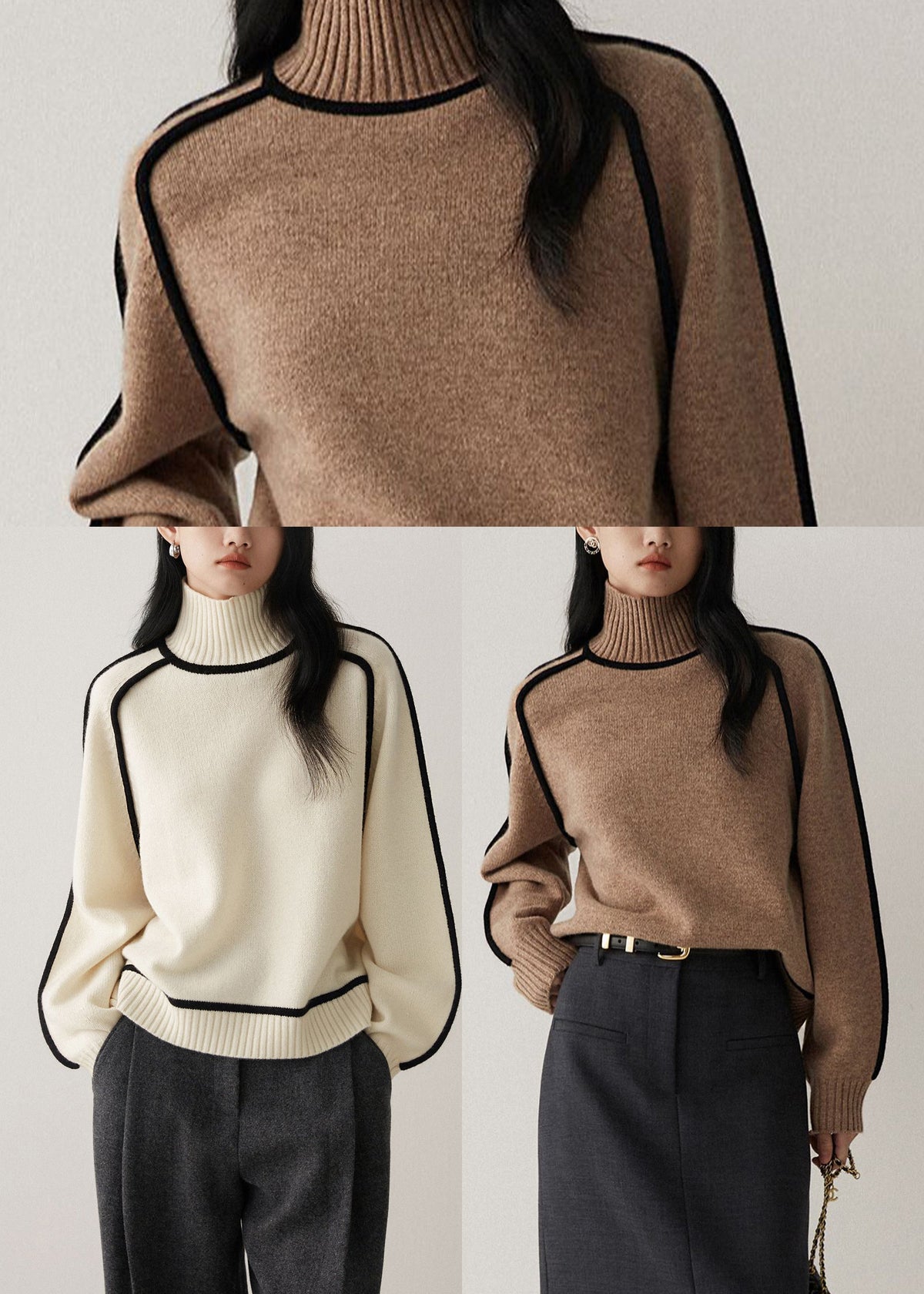 Beige White Knit Sweaters High Neck Contrast Piping Long Sleeve
