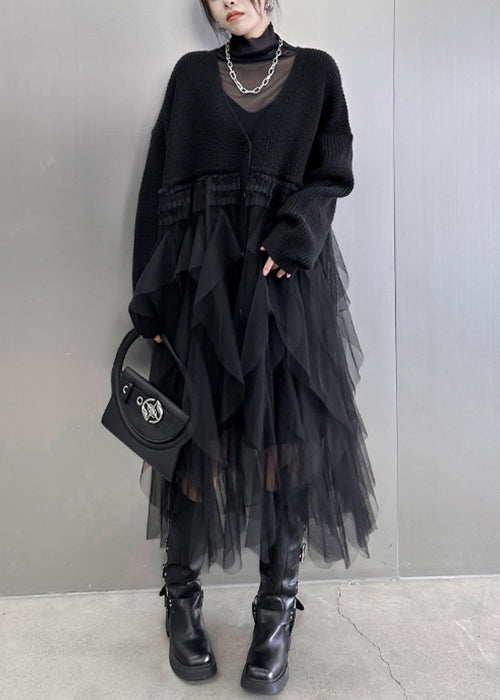 Black Asymmetrical Button Tulle Patchwork Cardigans Dress V Neck