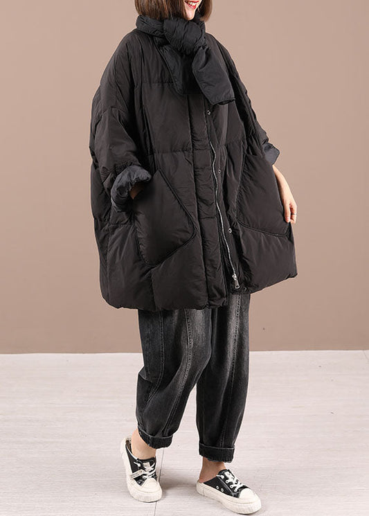 Black Bow Pockets zippered Winter Duck Down Coat Long Sleeve
