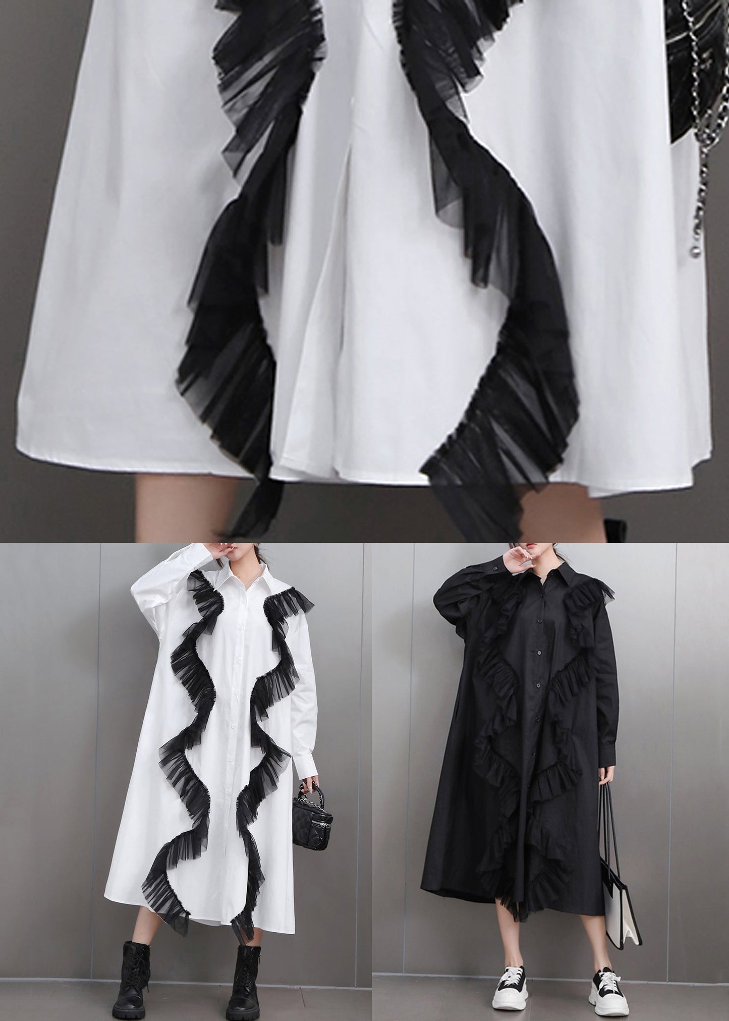 Black Button Tulle Patchwork Fall Shirt Dress Peter Pan Collar